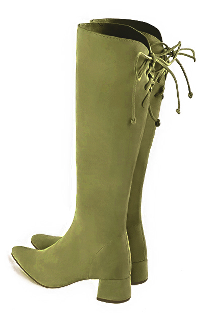 Pistachio green women's knee-high boots, with laces at the back. Tapered toe. Low flare heels. Made to measure. Rear view - Florence KOOIJMAN